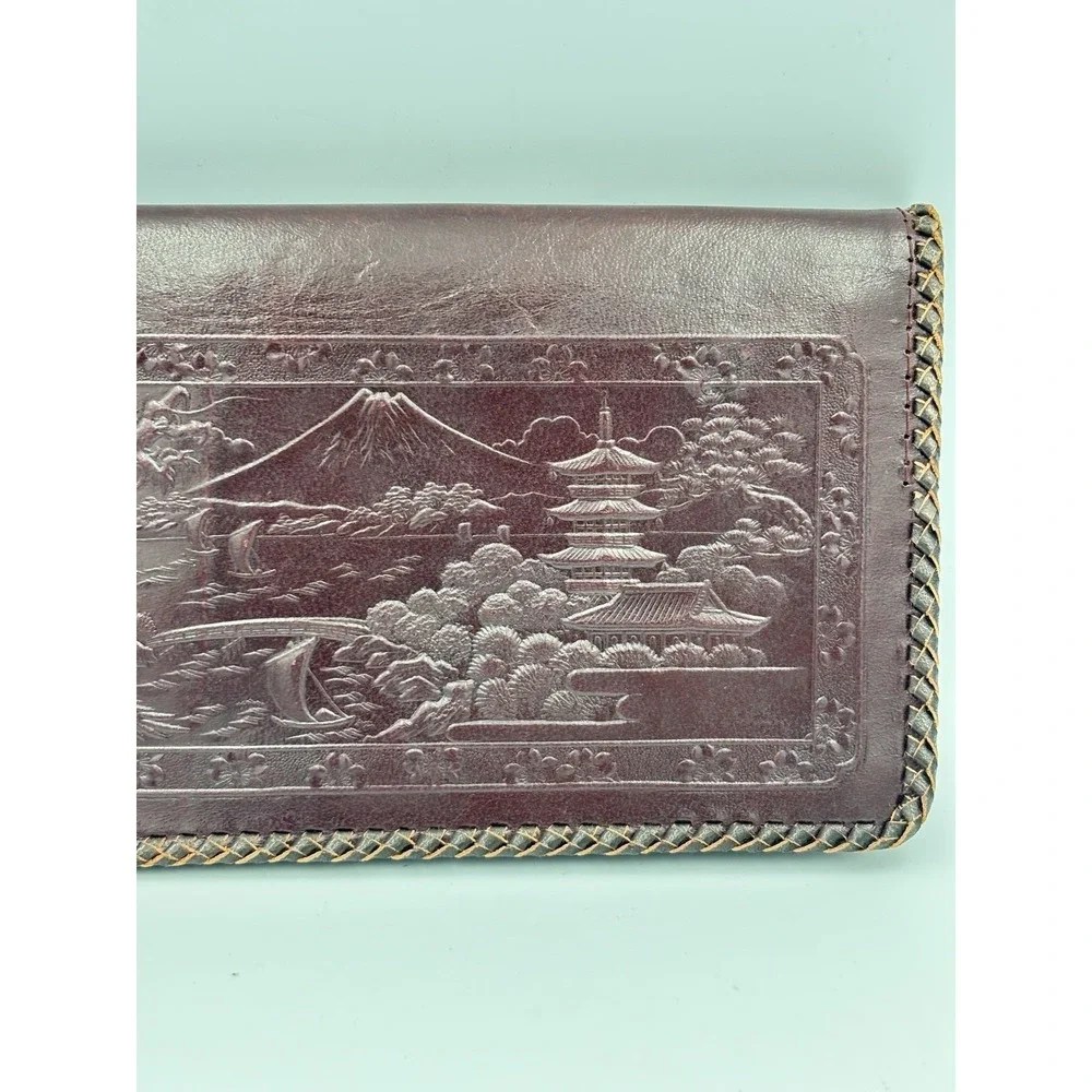 Vintage Embossed Leather Wallet Japanese Japan Map Dragon Bi-fold Dark Brown